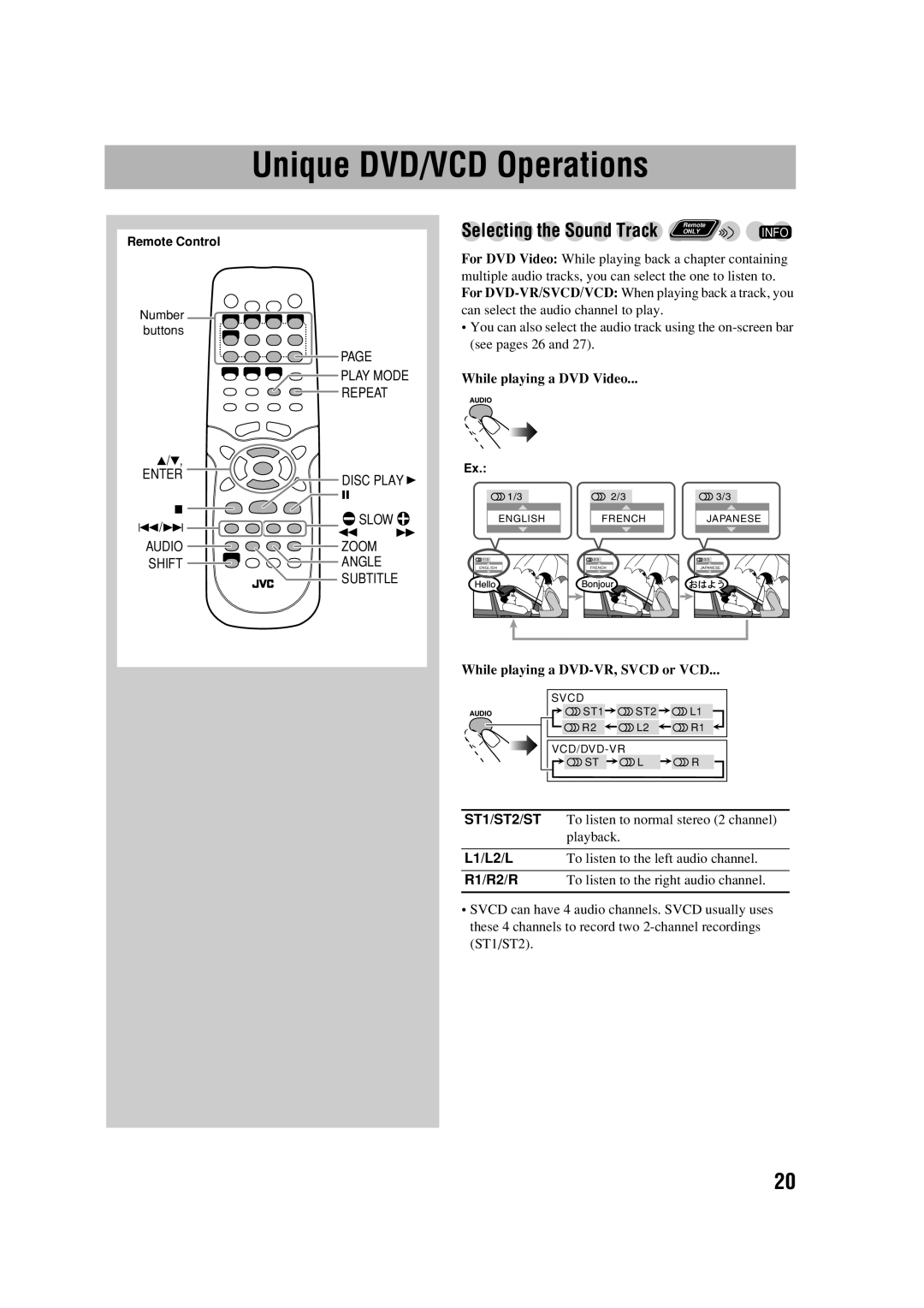 JVC HX-D77 manual Unique DVD/VCD Operations, While playing a DVD Video, While playing a DVD-VR, Svcd or VCD 