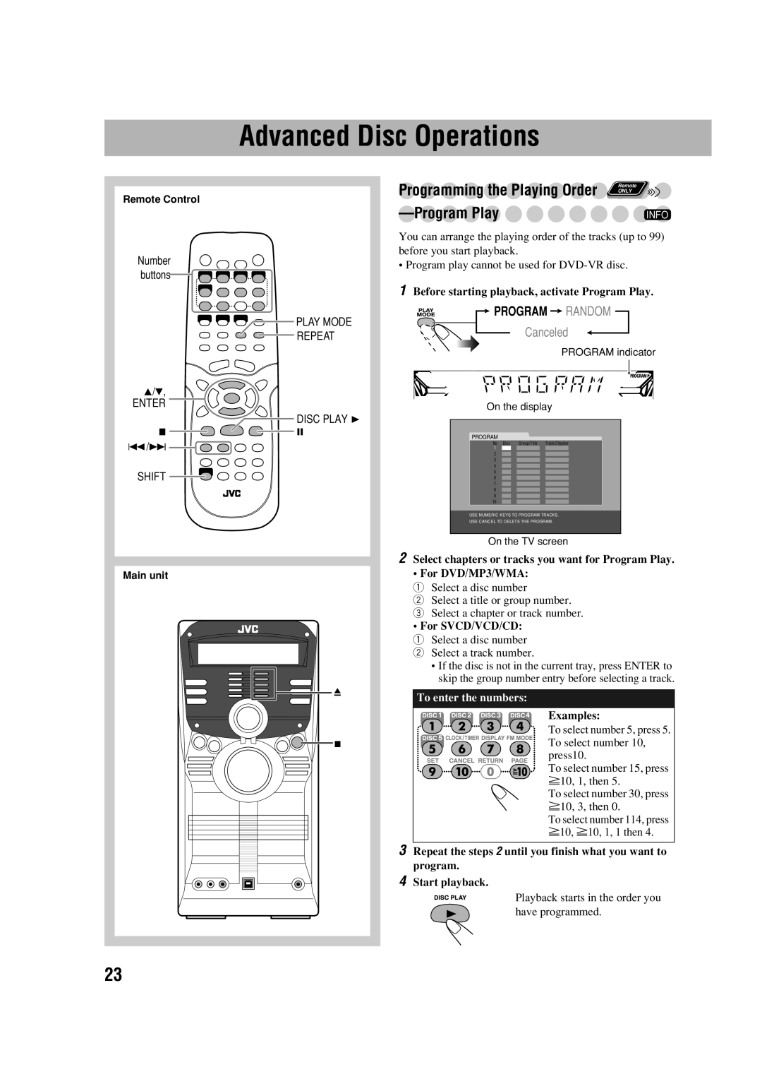 JVC HX-D77 manual Advanced Disc Operations, Before starting playback, activate Program Play, For SVCD/VCD/CD 