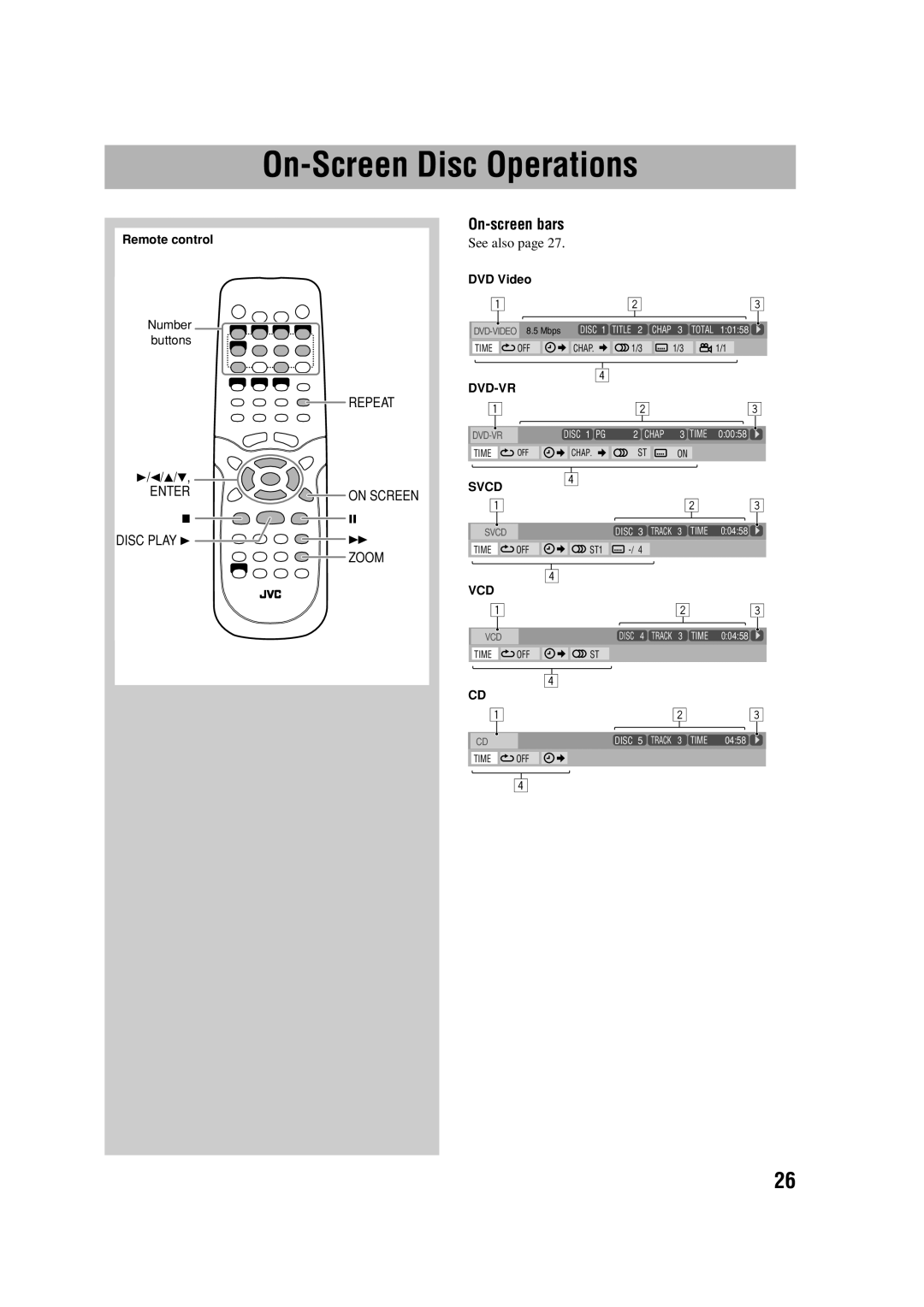 JVC HX-D77 manual On-Screen Disc Operations, On-screen bars 