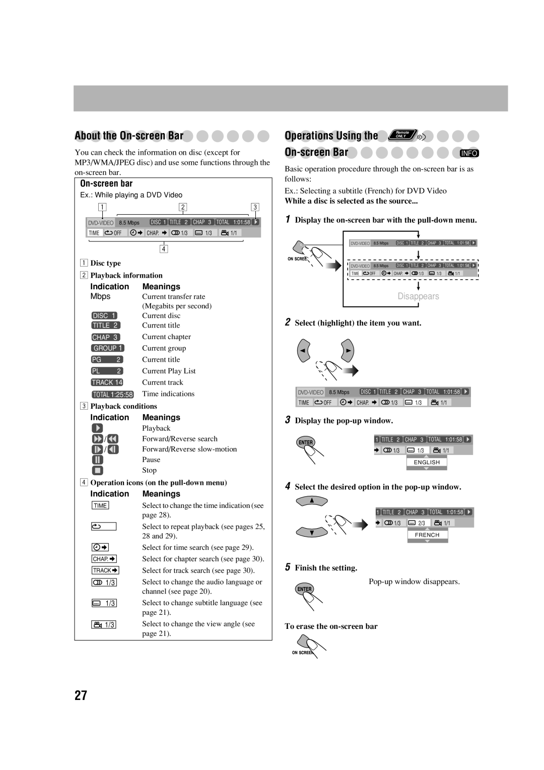 JVC HX-D77 manual About the On-screen Bar, Operations Using, On-screen bar 