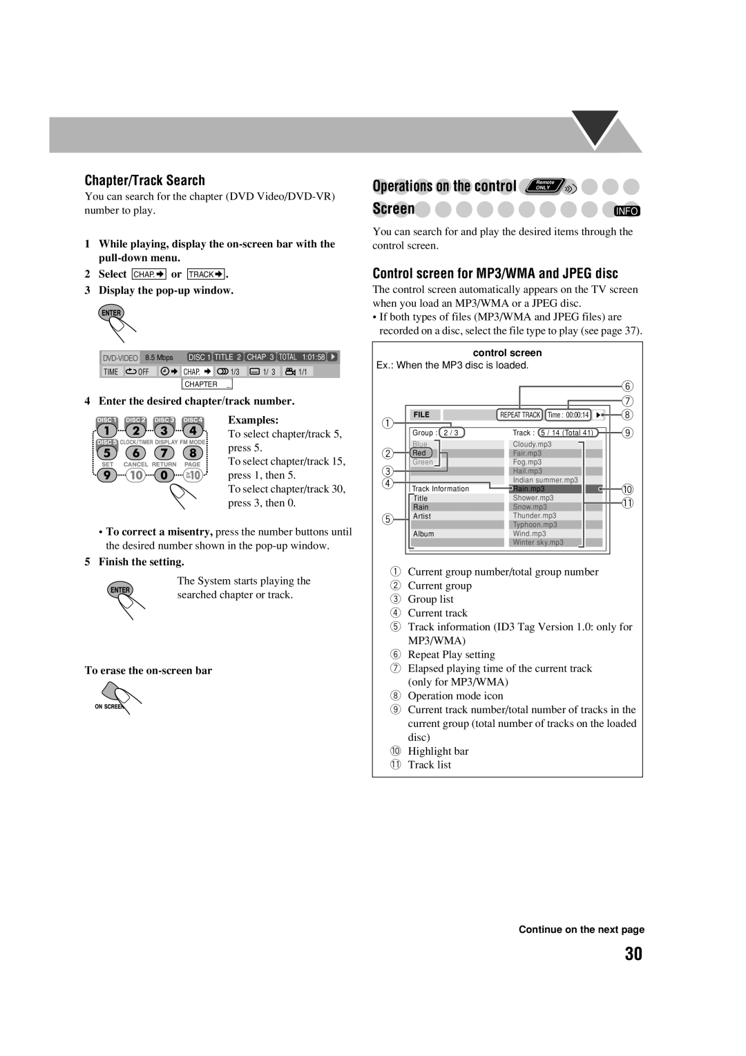 JVC HX-D77 manual Operations on the control Remote, Chapter/Track Search, Control screen for MP3/WMA and Jpeg disc 