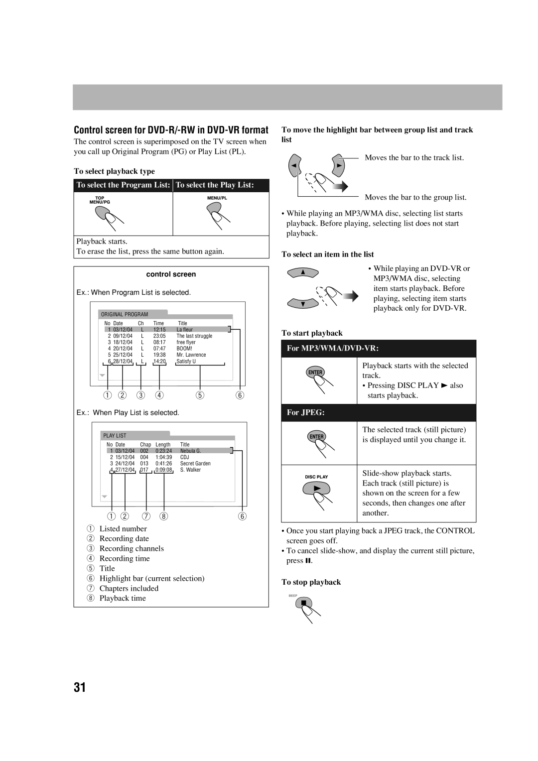 JVC HX-D77 manual Control screen for DVD-R/-RW in DVD-VR format 