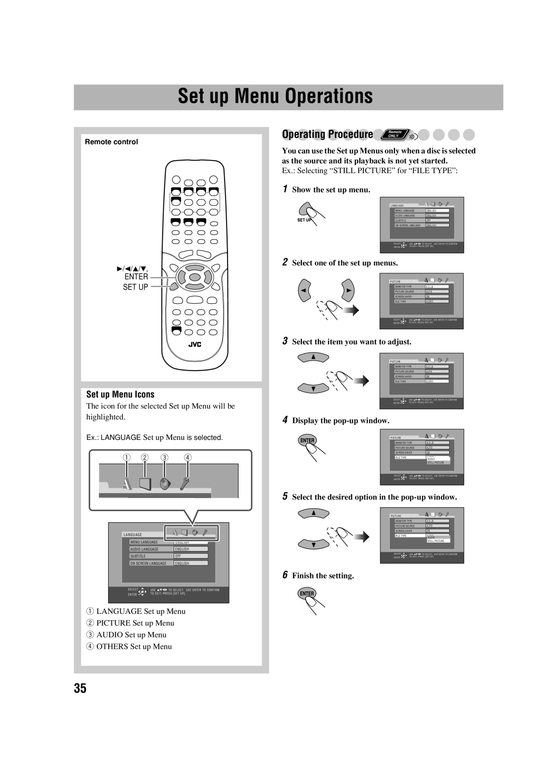 JVC HX-D77 manual Set up Menu Operations, Operating Procedure Remote, Set up Menu Icons 