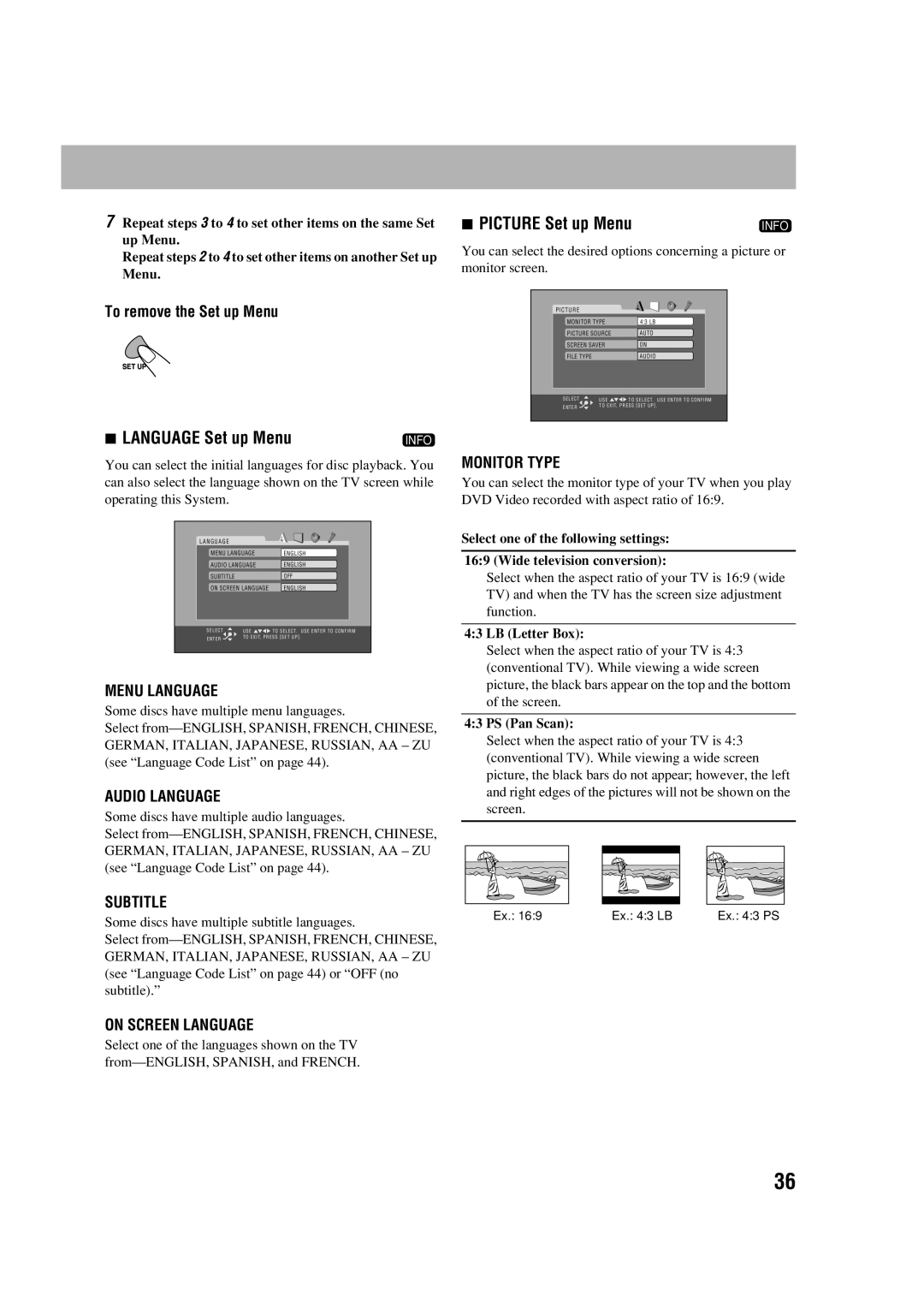 JVC HX-D77 manual To remove the Set up Menu, LB Letter Box, PS Pan Scan 