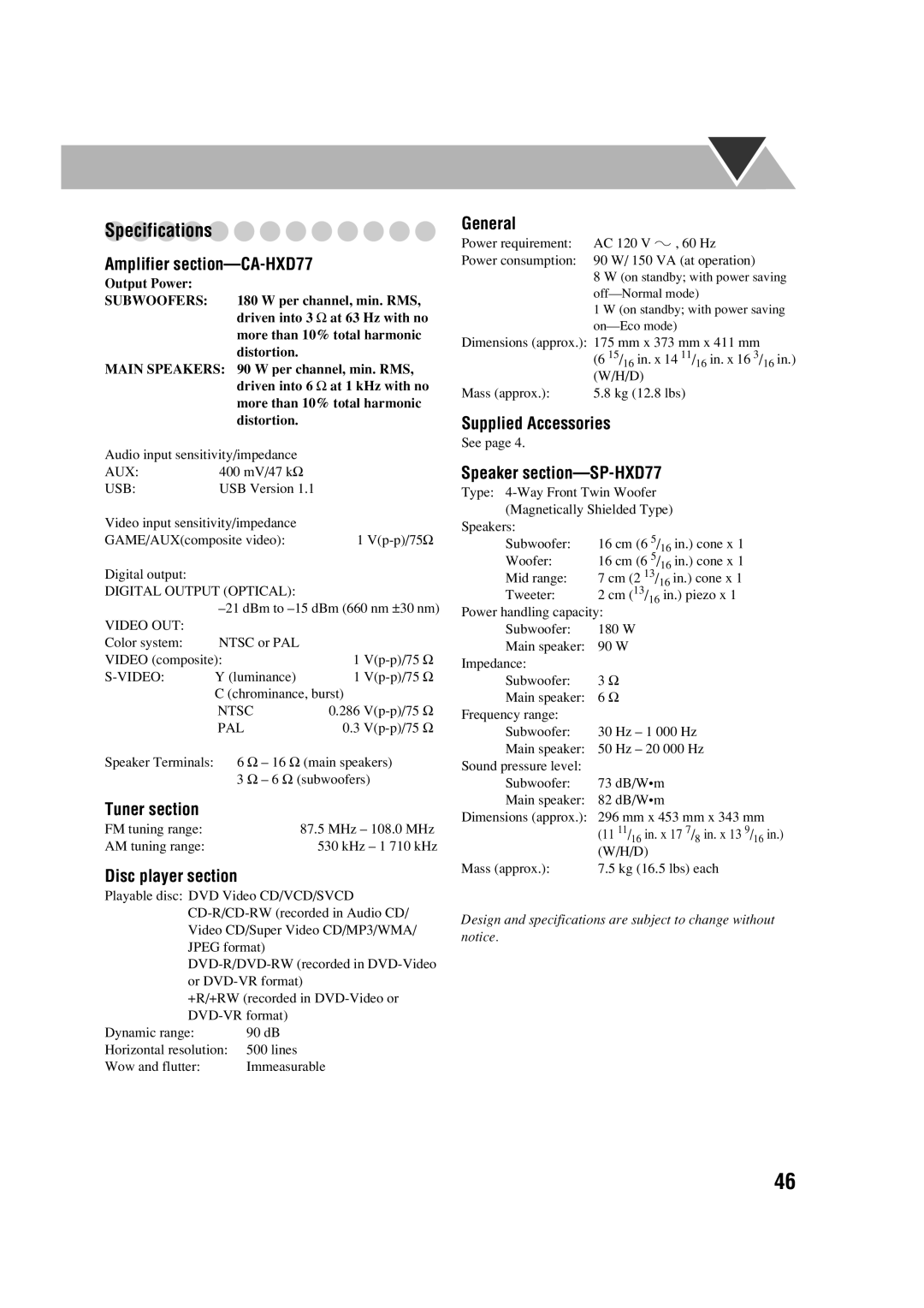 JVC HX-D77 manual Specifications, Amplifier section-CA-HXD77, Disc player section, Supplied Accessories, Tuner section 