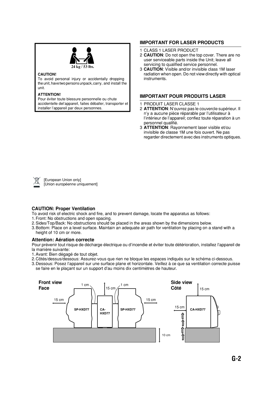 JVC HX-D77 manual Important for Laser Products 