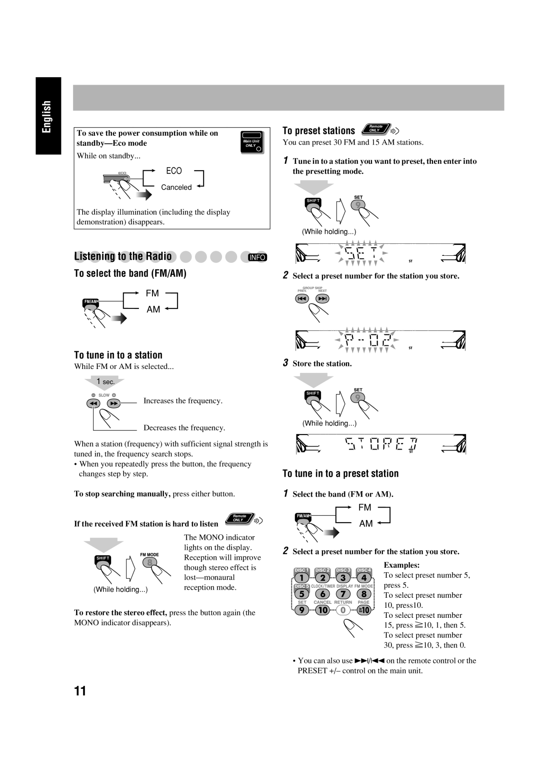 JVC HX-D77 manual To select the band FM/AM To tune in to a station, To save the power consumption while on 