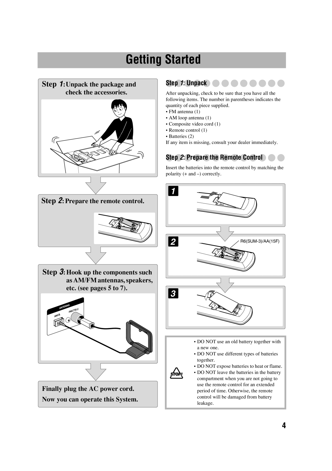 JVC HX-D77 manual Getting Started, Unpack, Prepare the Remote Control 