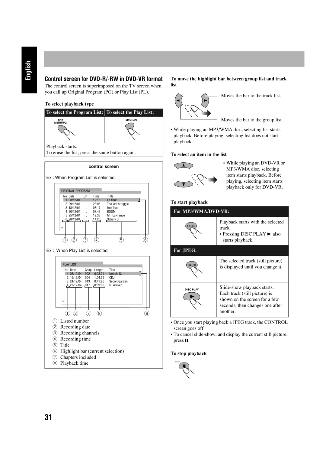 JVC HX-D77 manual Control screen for DVD-R/-RW in DVD-VR format 