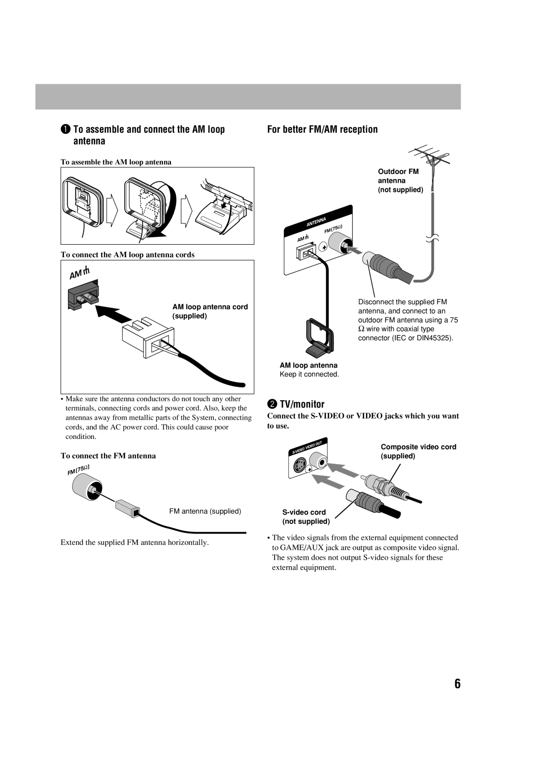 JVC HX-D77 manual ~ To assemble and connect the AM loop antenna, For better FM/AM reception, TV/monitor 