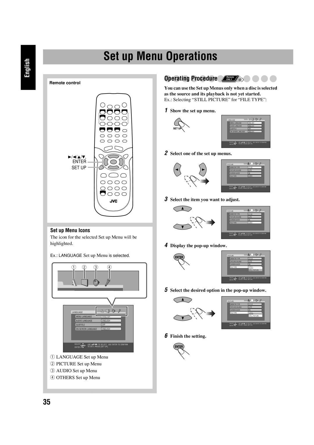 JVC HX-D77 manual Set up Menu Operations 