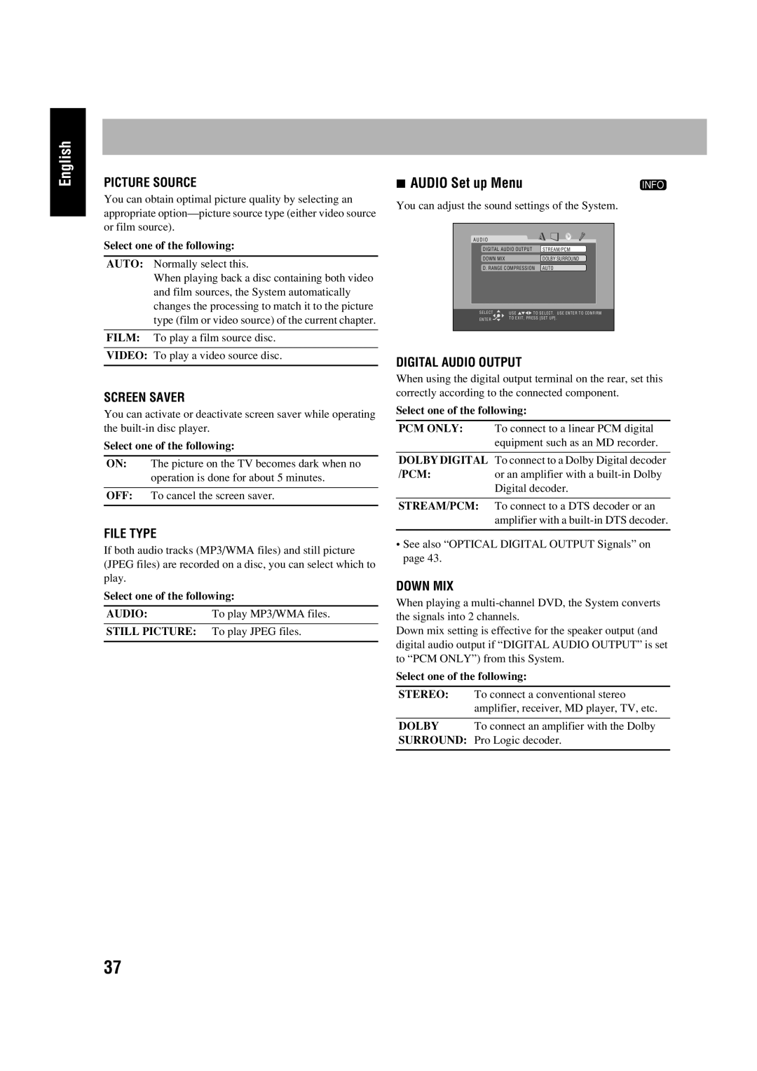 JVC HX-D77 manual Audio Set up Menu 