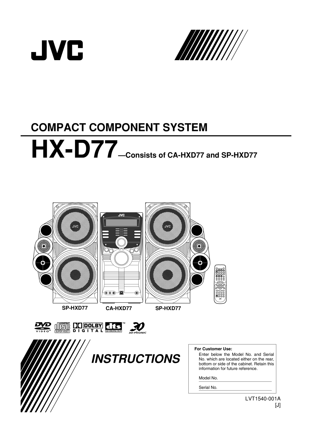 JVC manual Instructions, Compact Component System, HX-D77—Consistsof CA-HXD77and SP-HXD77, SP-HXD77 CA-HXD77 SP-HXD77 