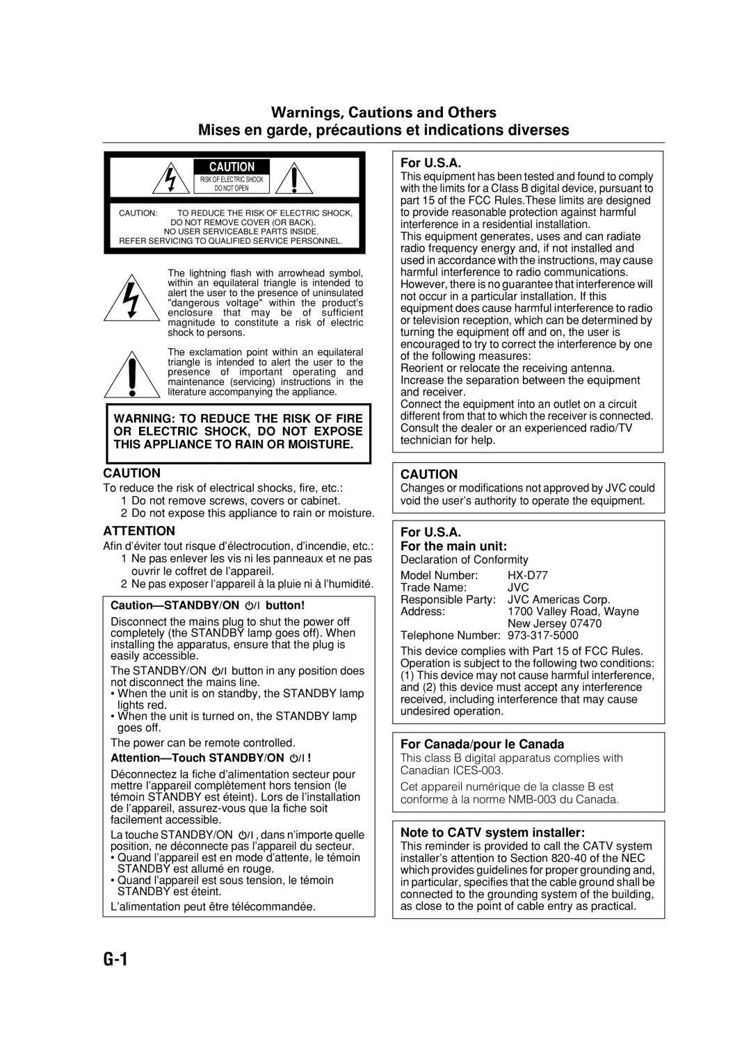 JVC HX-D77 manual Warnings, Cautions and Others, For U.S.A For the main unit, For Canada/pour le Canada 