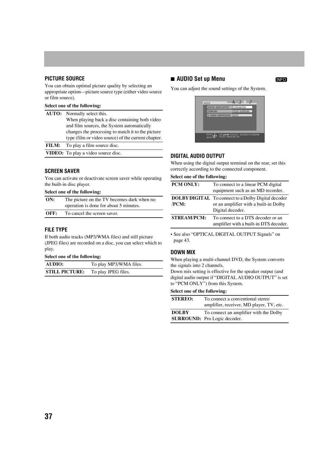 JVC HX-D77 manual AUDIO Set up Menu, Picture Source, Screen Saver, File Type, Digital Audio Output, Down Mix 