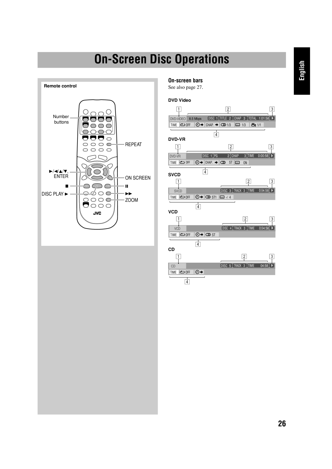 JVC HX-D77 manual On-ScreenDisc Operations, English, On-screenbars 
