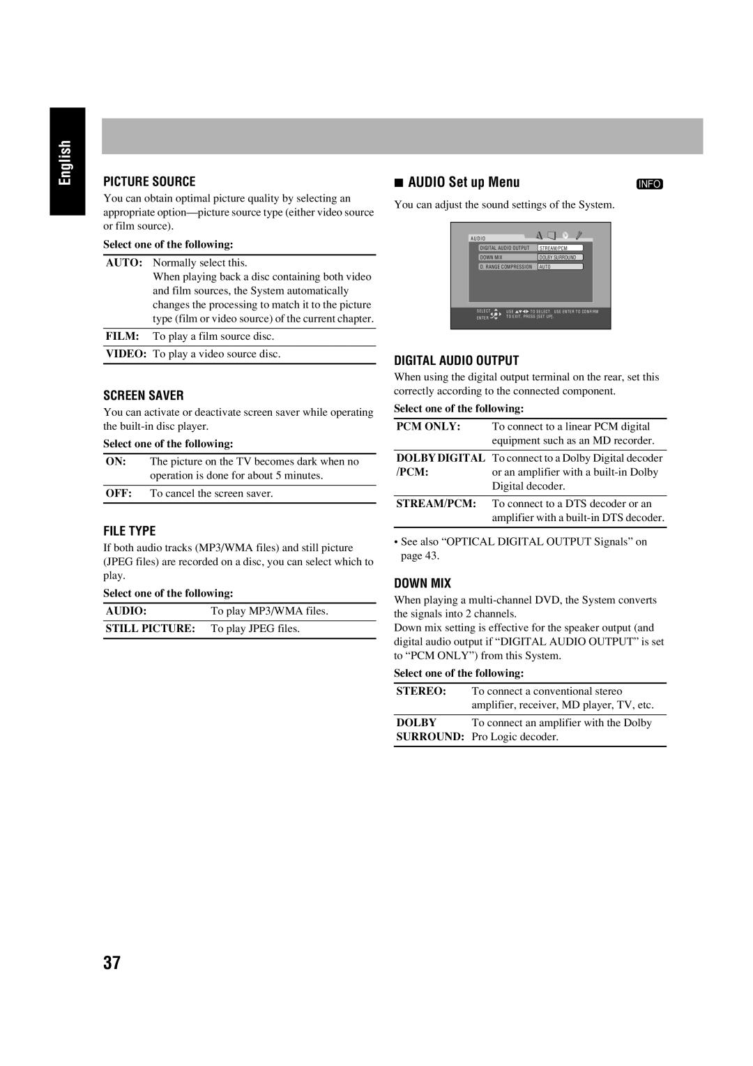 JVC HX-D77 manual English, AUDIO Set up Menu, Picture Source, Screen Saver, File Type, Digital Audio Output, Down Mix 
