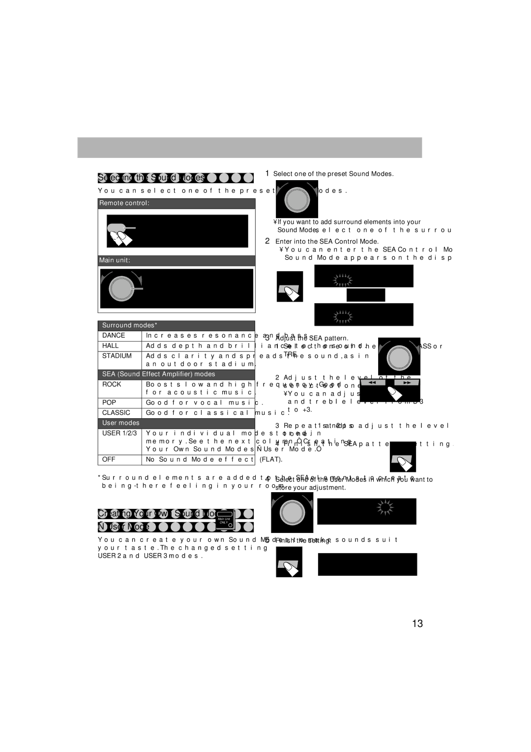 JVC HX-GX7 manual Selecting the Sound Modes, Creating Your Own Sound Modes, User Mode 