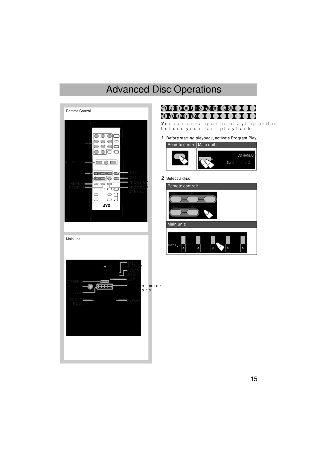 JVC HX-GX7 manual Advanced Disc Operations, Programming the Playing Order -Program Play, Select a disc. Remote control 