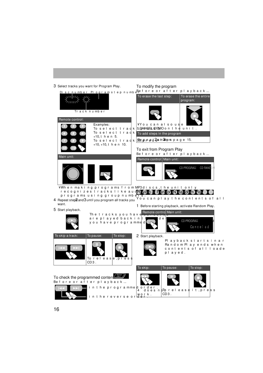 JVC HX-GX7 manual Playing at Random-Random Play, To modify the program, To exit from Program Play 