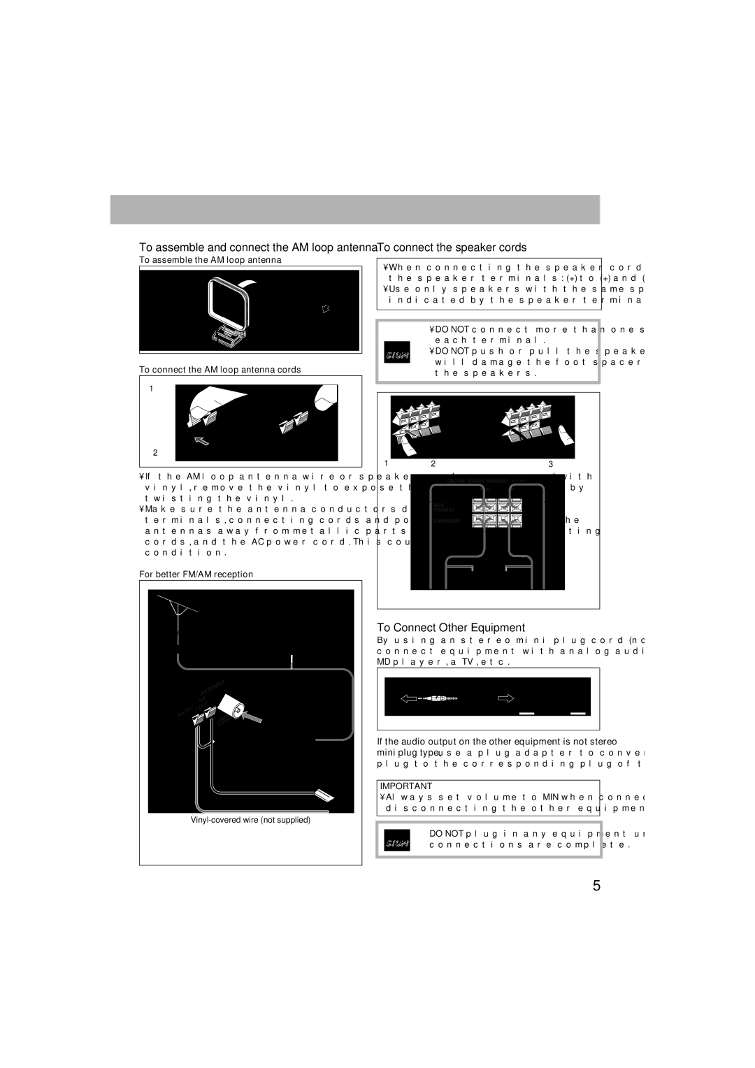 JVC HX-GX7 manual To connect the speaker cords, To Connect Other Equipment, To assemble and connect the AM loop antenna 