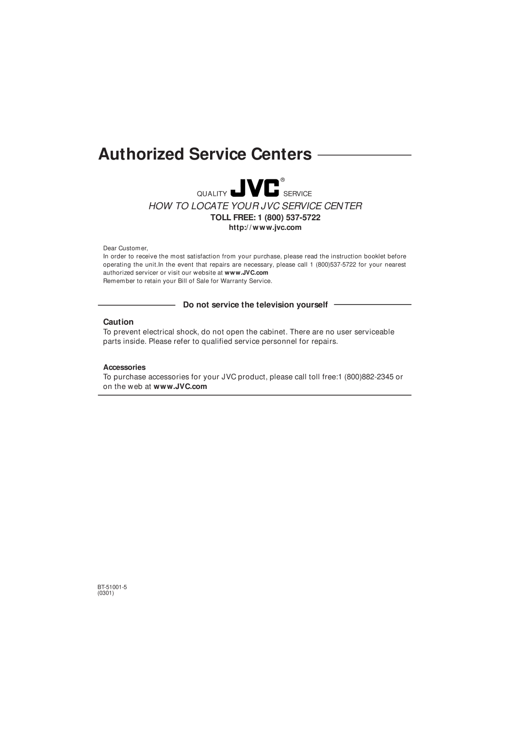 JVC HX-GX7 manual Accessories, Authorized Service Centers, How To Locate Your Jvc Service Center, Toll Free 