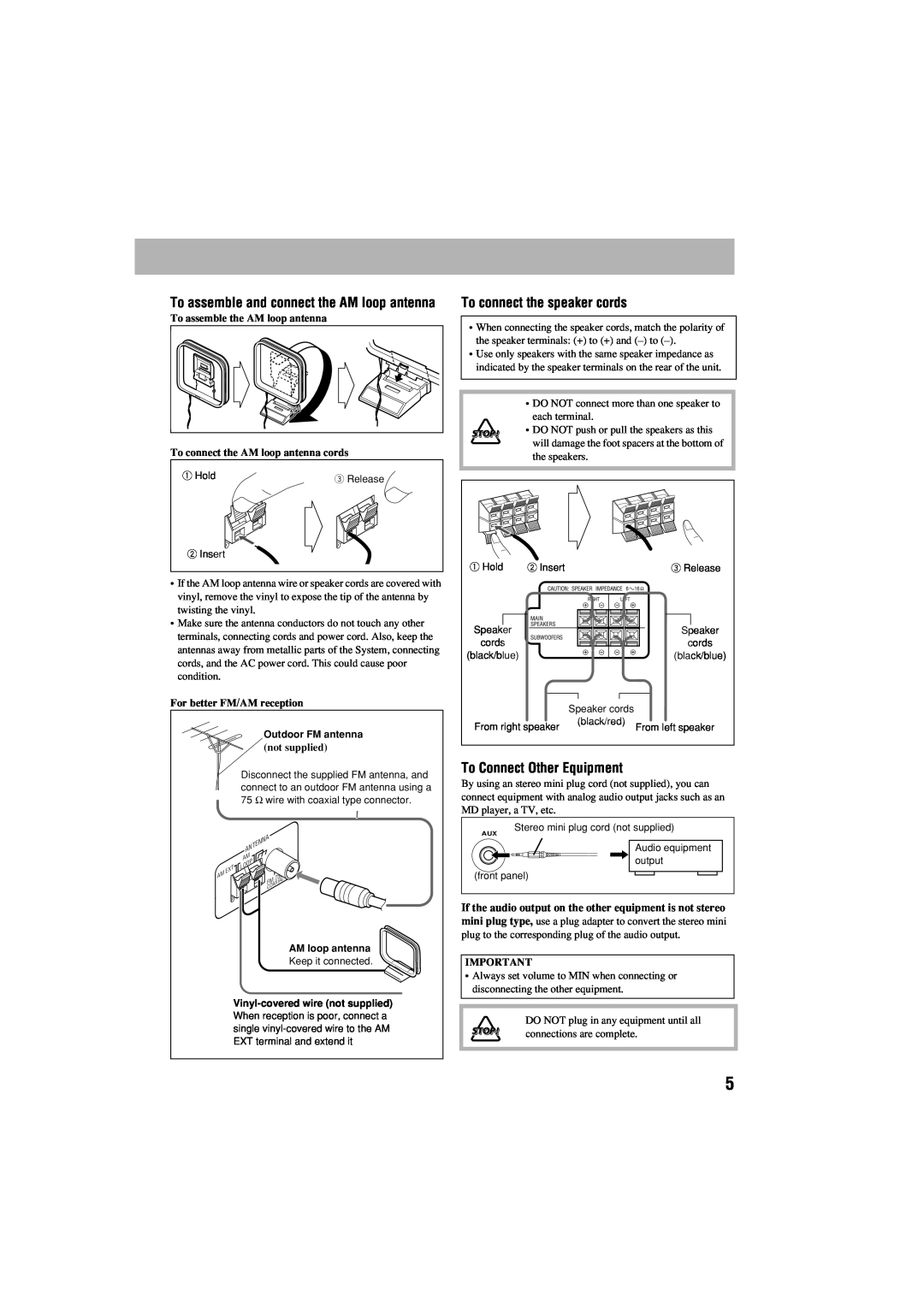 JVC HX-GX7 manual To connect the speaker cords, To Connect Other Equipment, To assemble and connect the AM loop antenna 