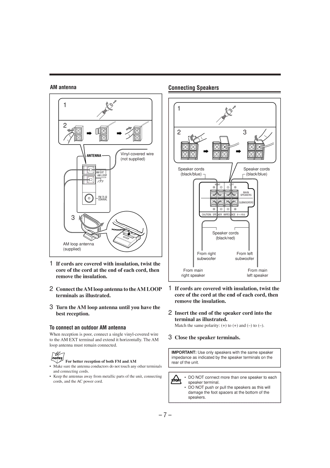 JVC HX-Z1 manual Connecting Speakers, To connect an outdoor AM antenna, Close the speaker terminals 