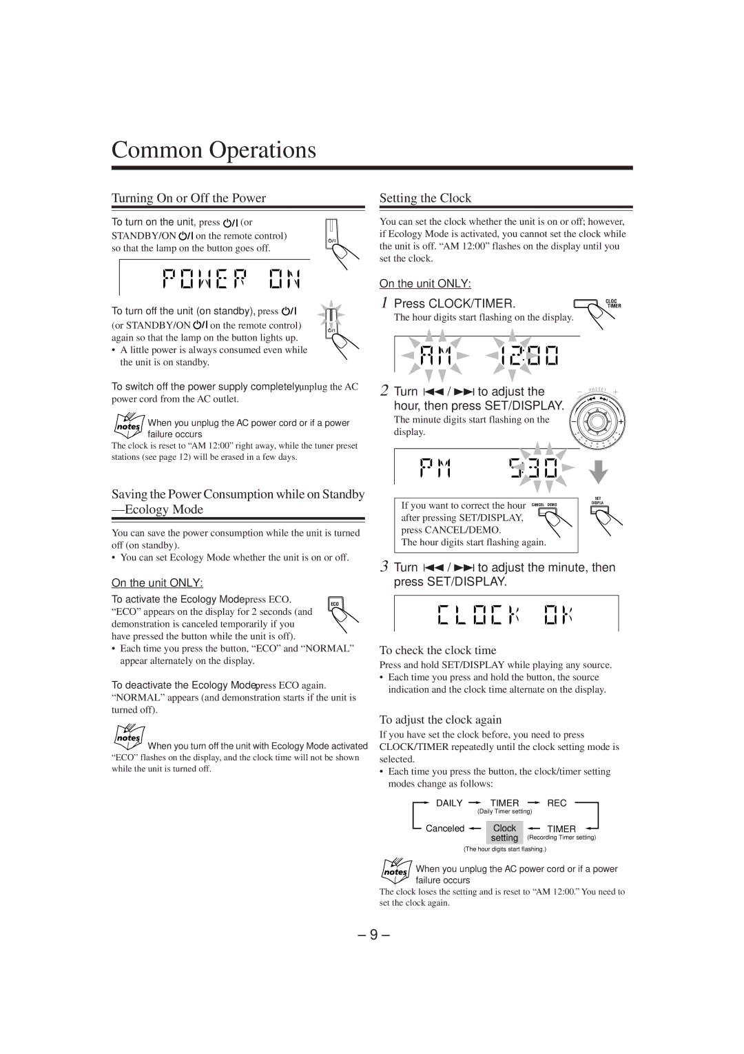 JVC HX-Z1 manual Common Operations, Turning On or Off the Power, Setting the Clock 