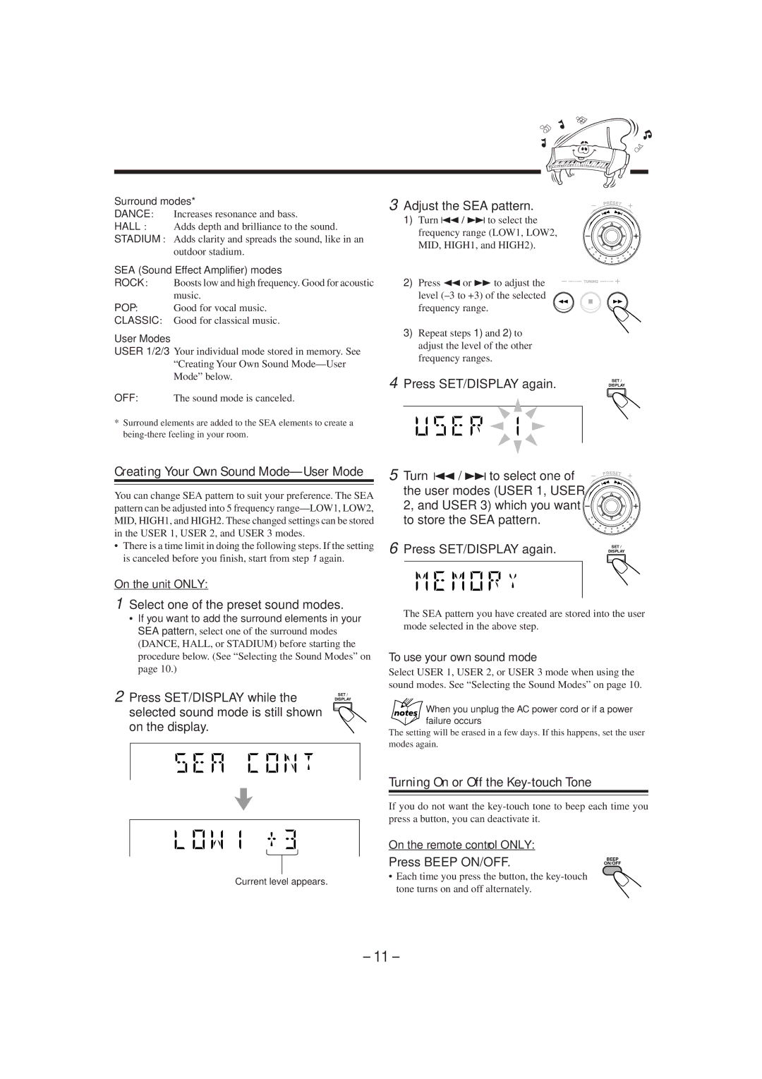 JVC HX-Z1 manual Turning On or Off the Key-touch Tone, Creating Your Own Sound Mode-User Mode, To use your own sound mode 