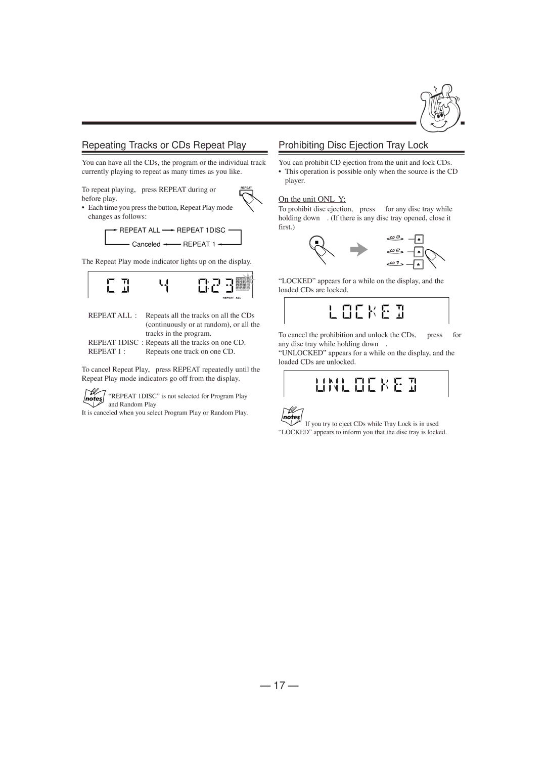 JVC HX-Z1 manual Repeating Tracks or CDs-Repeat Play, Prohibiting Disc Ejection-Tray Lock 