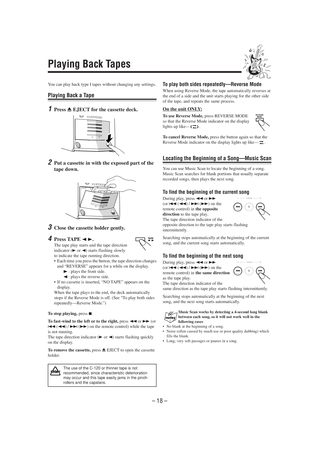 JVC HX-Z1 manual Playing Back Tapes, Playing Back a Tape, Locating the Beginning of a Song-Music Scan 