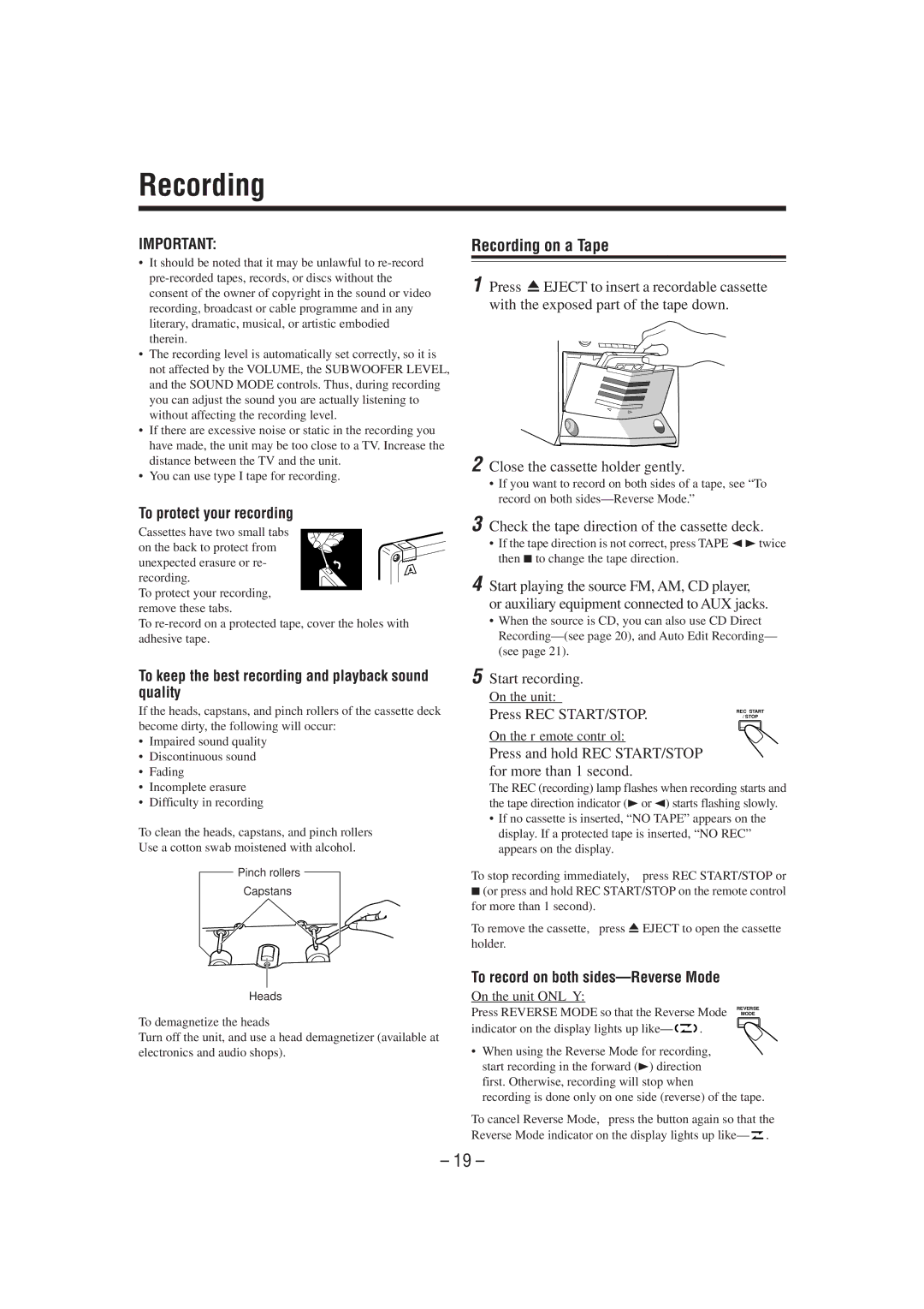 JVC HX-Z1 manual Recording on a Tape, To keep the best recording and playback sound quality 