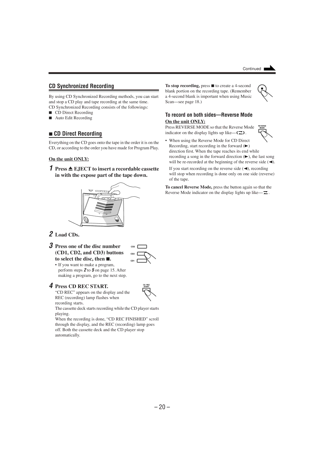 JVC HX-Z1 manual CD Synchronized Recording, CD Direct Recording, Press CD REC Start 