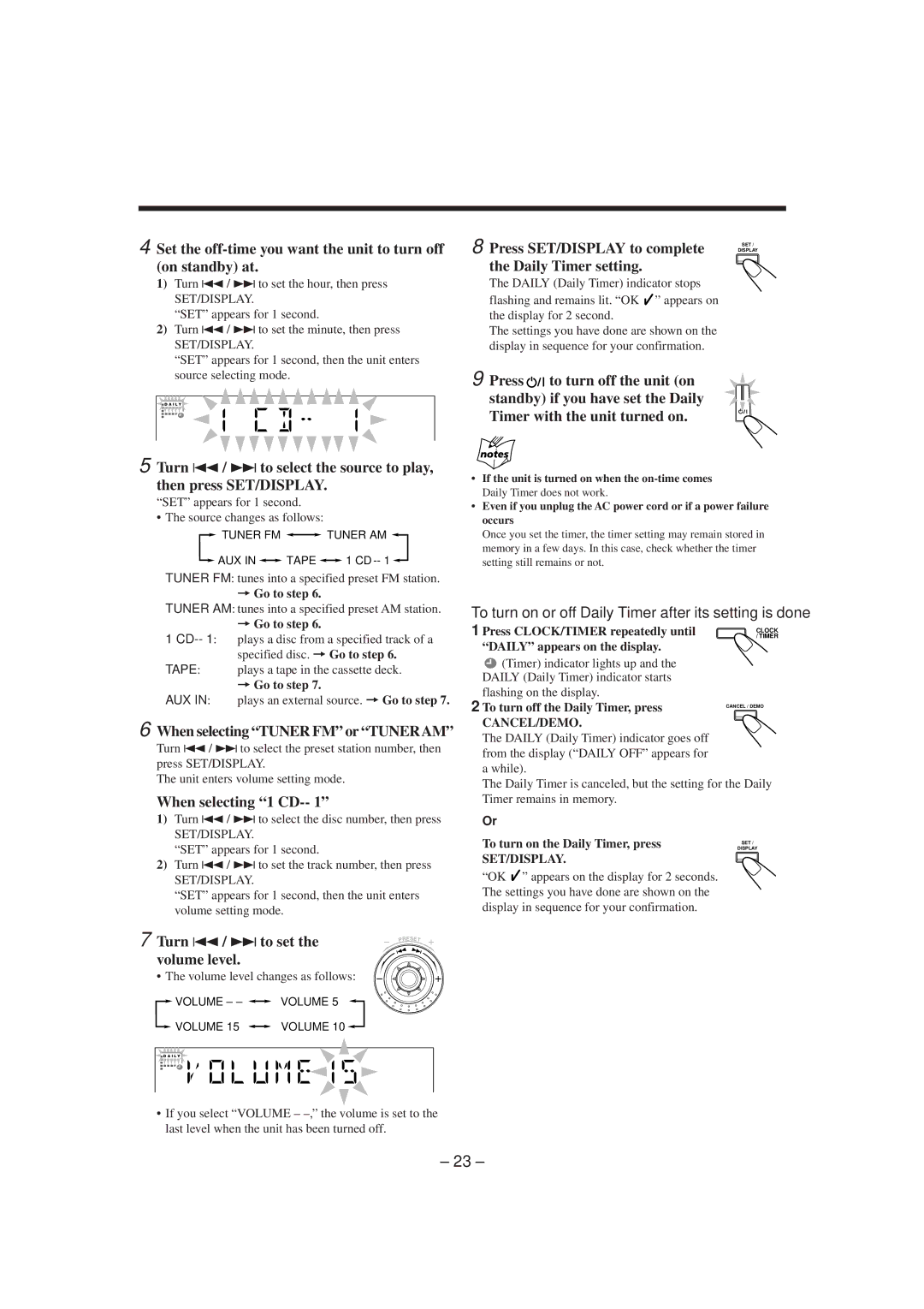 JVC HX-Z1 When selecting Tuner FM or Tuneram, When selecting 1 CD, Turn 4/ ¢to set, Volume level, Daily Timer setting 