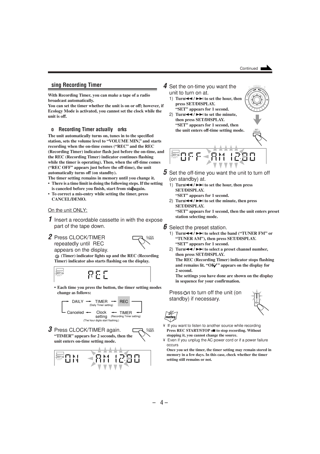 JVC HX-Z1 manual Repeatedly until REC Appears on the display, Set the on-time you want, Unit to turn on at 