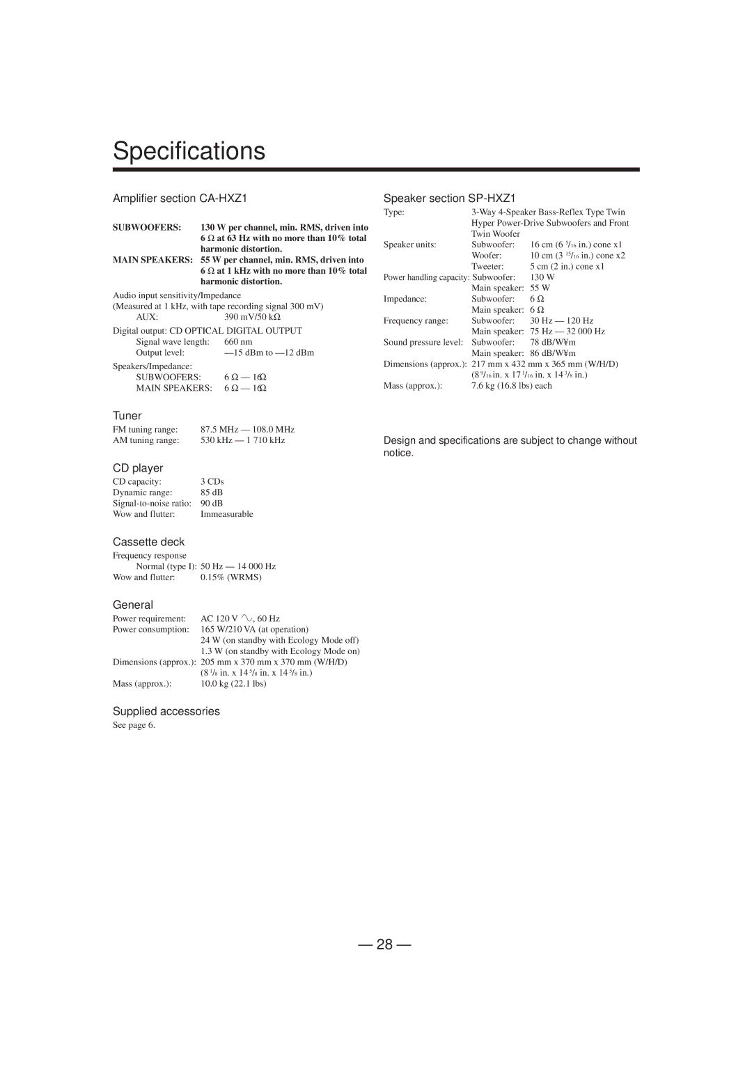 JVC HX-Z1 manual Specifications, Amplifier section-CA-HXZ1 