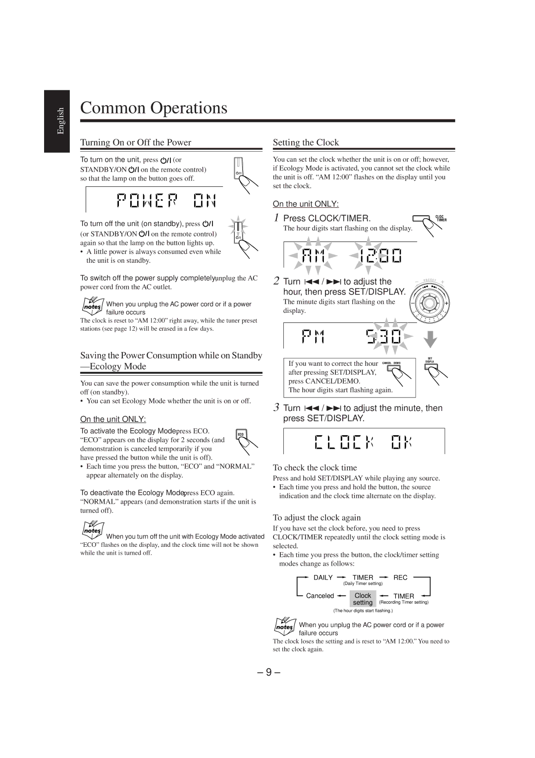 JVC HX-Z1 manual Turning On or Off the Power Setting the Clock, To turn on the unit, press 