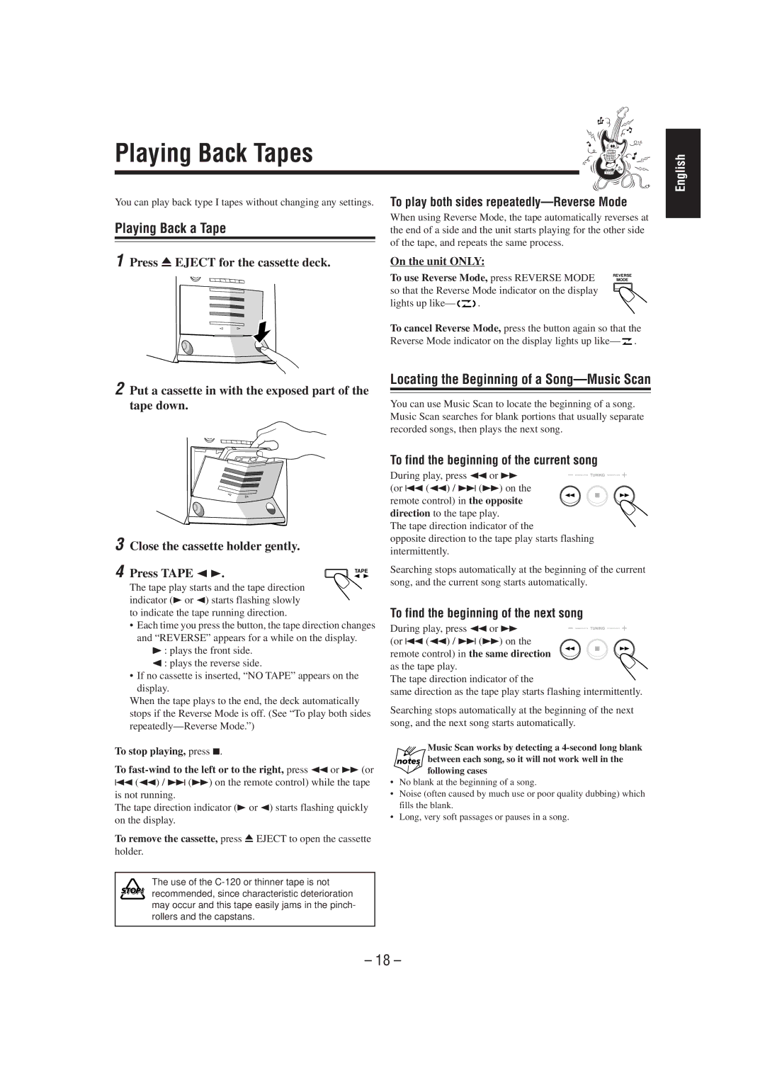 JVC HX-Z1 manual Put a cassette in with the exposed part, Tape down, To use Reverse Mode, press Reverse Mode 