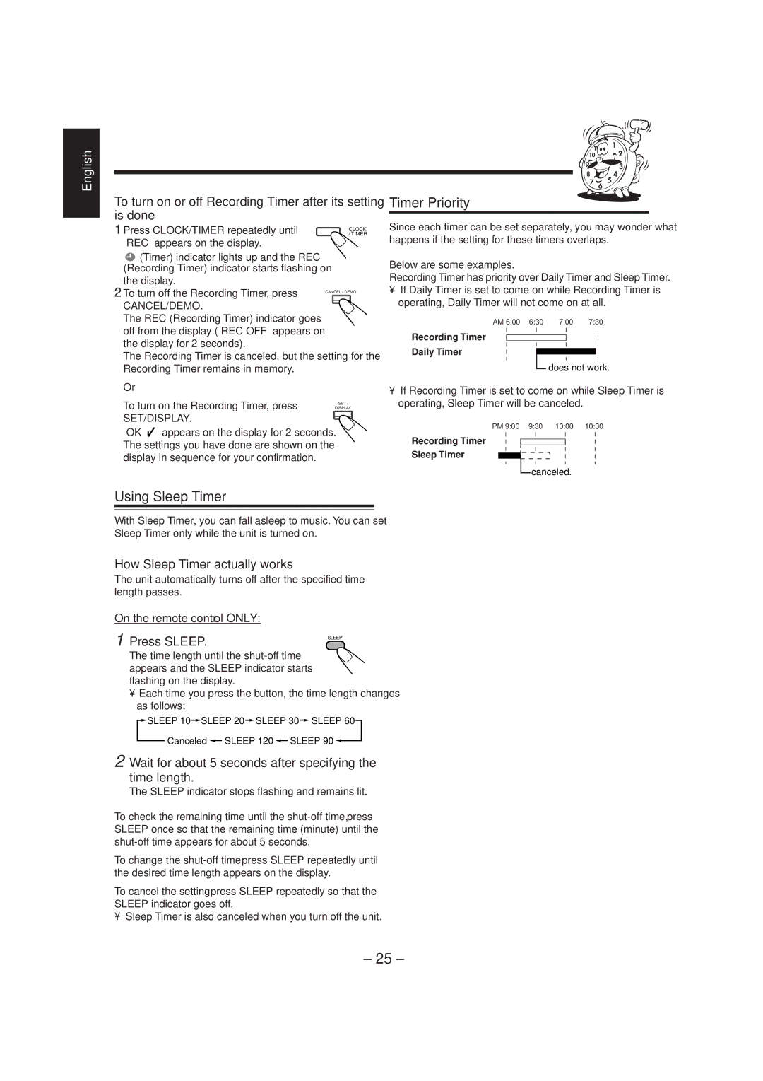 JVC HX-Z1 manual Using Sleep Timer, Timer Priority, To turn on or off Recording Timer after its setting is done 