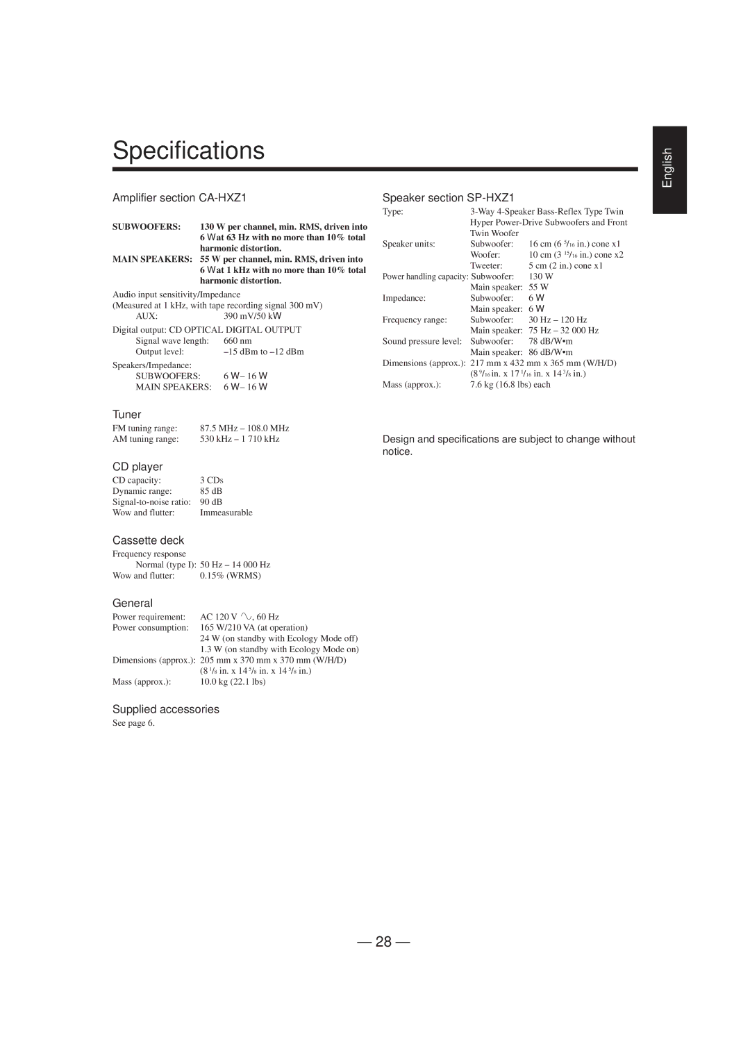 JVC HX-Z1 manual Specifications 