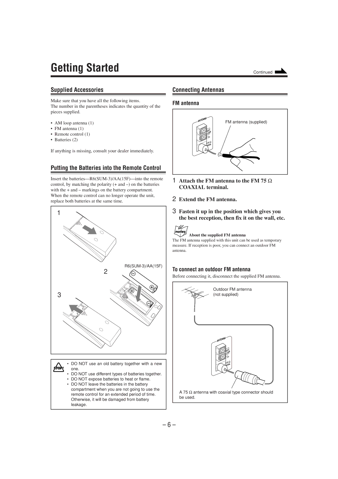 JVC HX-Z1 manual Getting Started, Supplied Accessories Connecting Antennas, To connect an outdoor FM antenna 