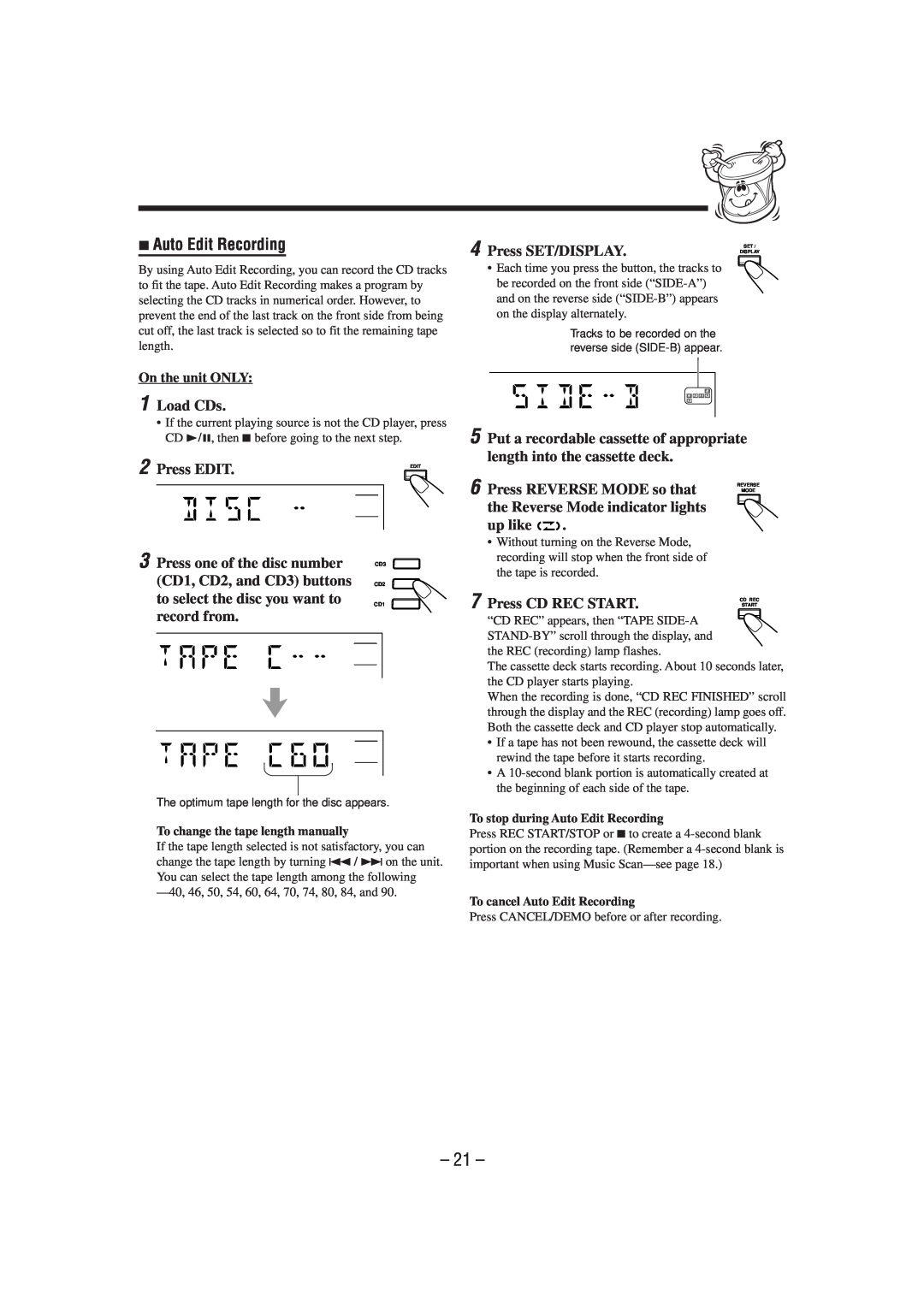 JVC HX-Z1 manual Press SET/DISPLAY, Press EDIT, record from, Press REVERSE MODE so that, the Reverse Mode indicator lights 