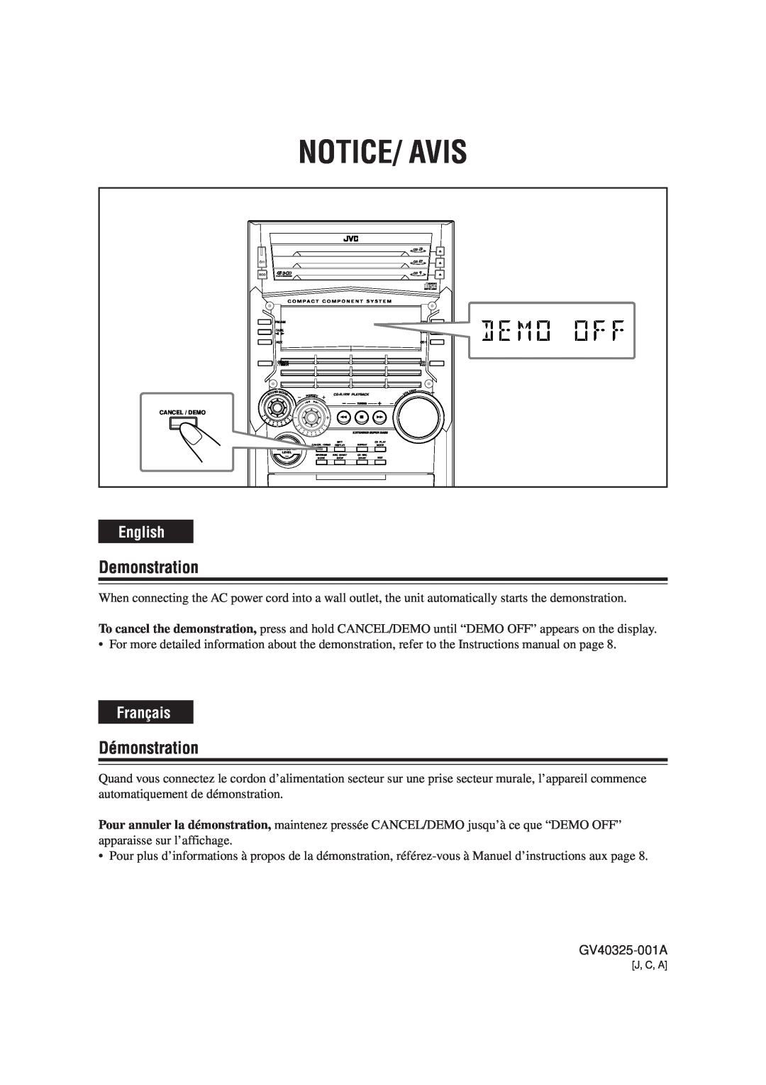 JVC HX-Z1 manual Notice/ Avis, Demonstration, Démonstration, English, Français 