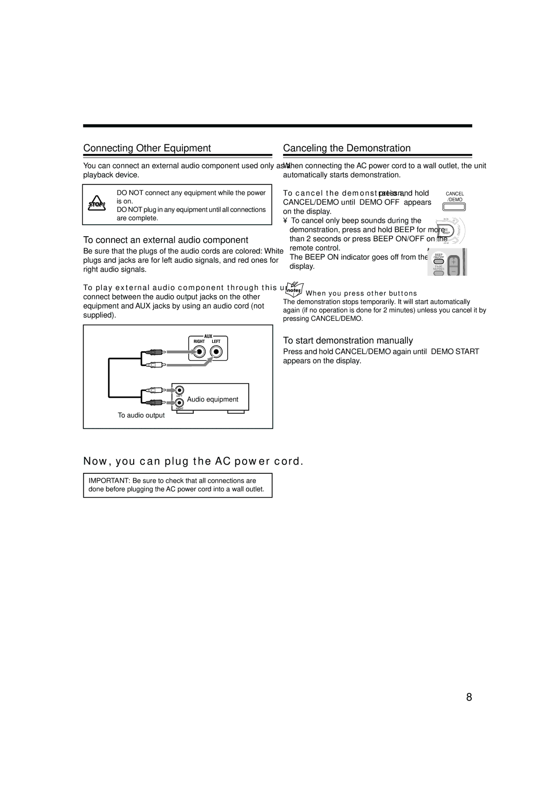 JVC HX-Z10 manual Connecting Other Equipment, Canceling the Demonstration, To connect an external audio component 