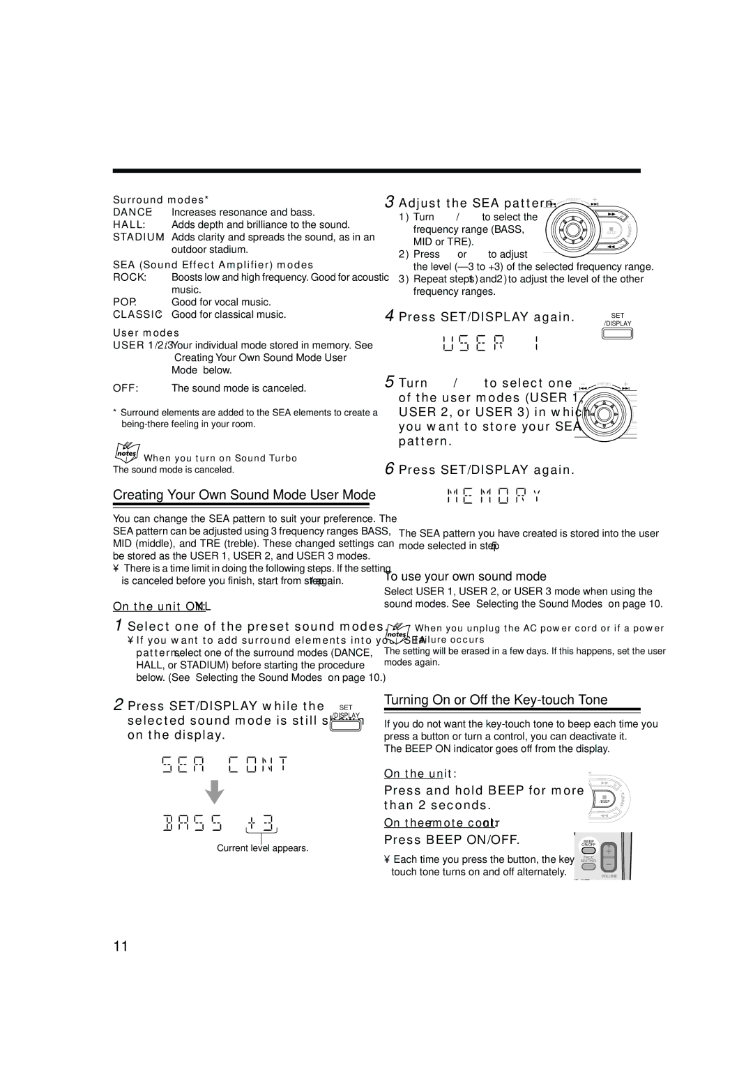 JVC HX-Z10 manual Creating Your Own Sound Mode-User Mode, Turning On or Off the Key-touch Tone, To use your own sound mode 