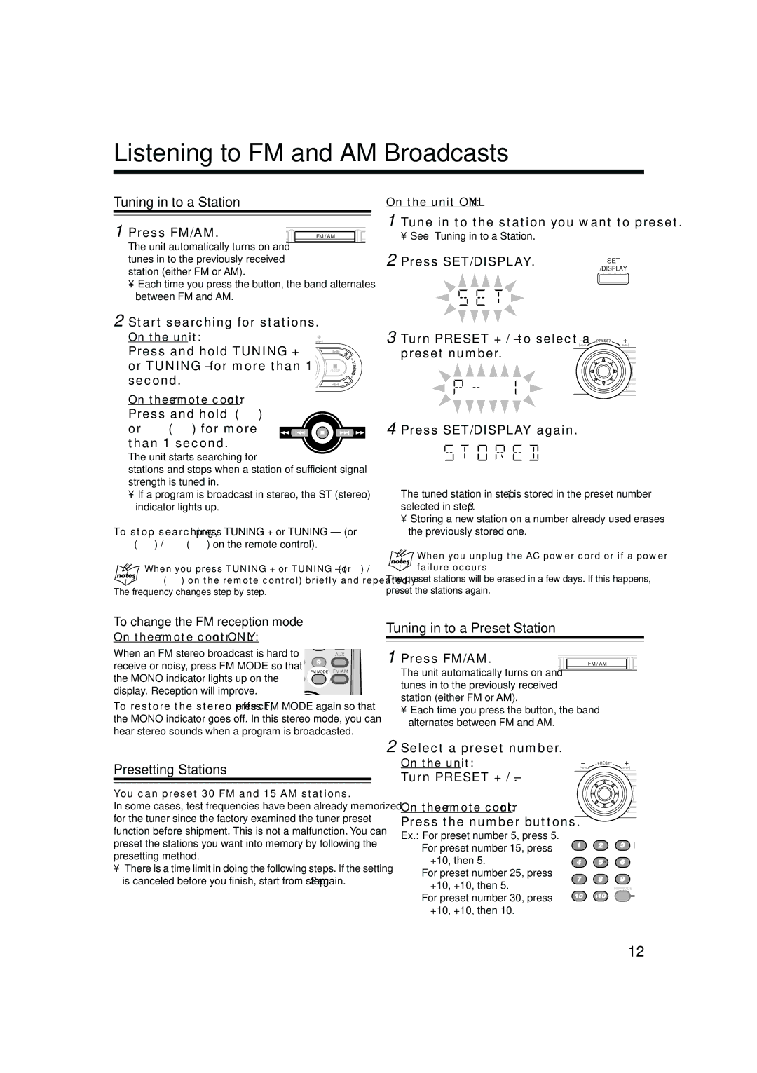 JVC HX-Z10 Listening to FM and AM Broadcasts, Tuning in to a Station, Tuning in to a Preset Station, Presetting Stations 