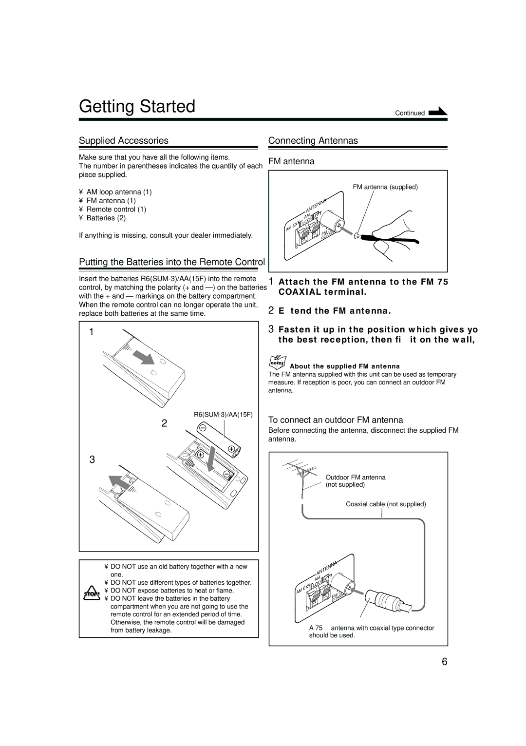 JVC HX-Z10 manual Getting Started, Supplied Accessories Connecting Antennas, To connect an outdoor FM antenna 