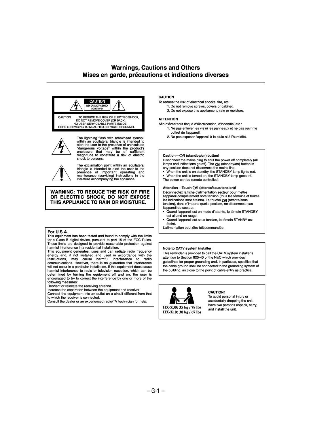 JVC HX-Z10 manual Warnings, Cautions and Others, G-1, For U.S.A, Caution--standby/on button, Note to CATV system installer 