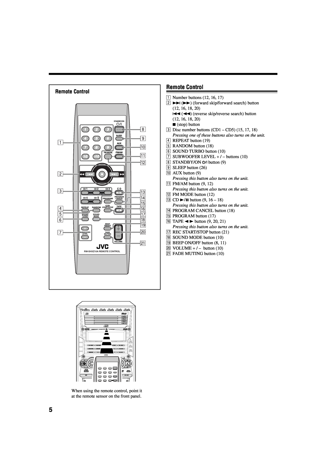 JVC HX-Z10 manual Remote Control 